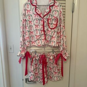 Women's Pink Santa Satin Pajama Set with Red Trim